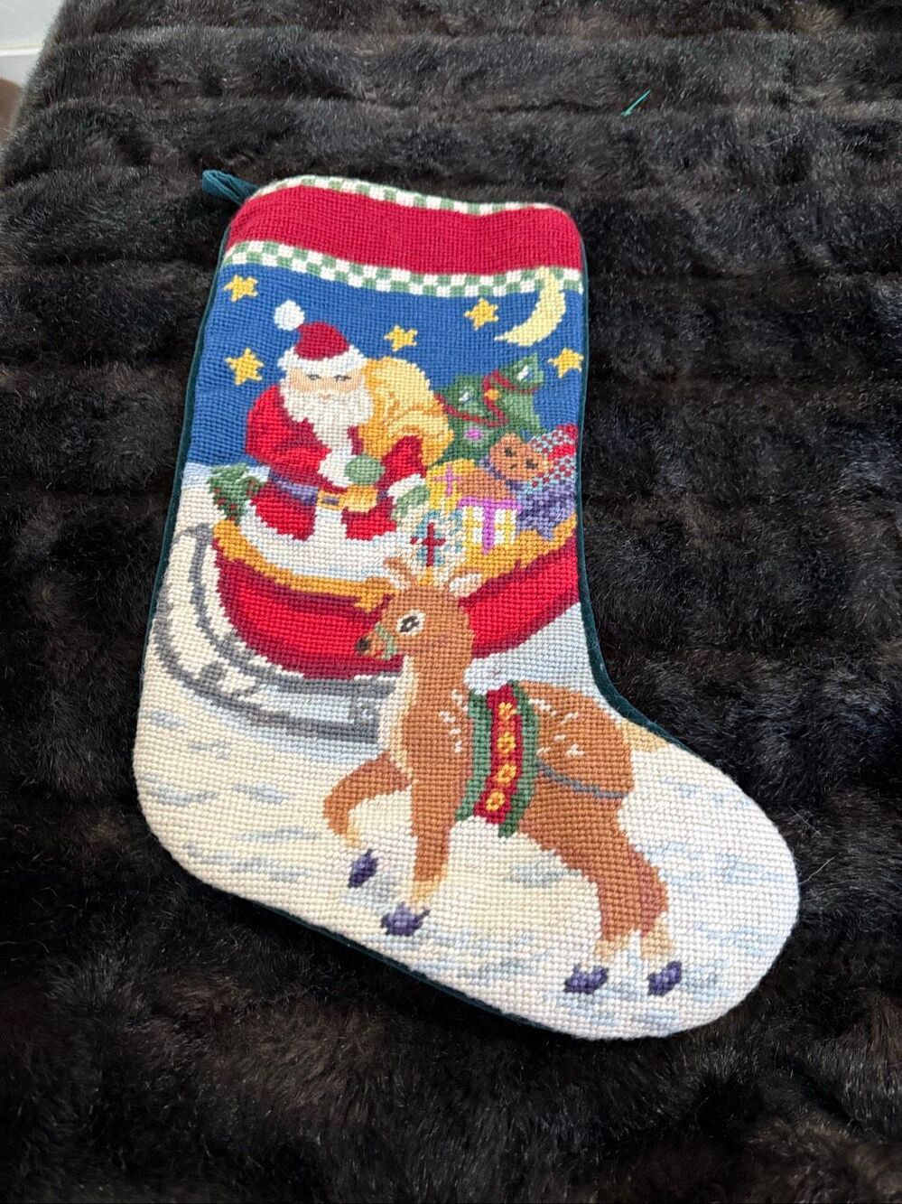 Needlepoint Christmas Stocking Santa Sleigh Reindeer Green Velvet Backing